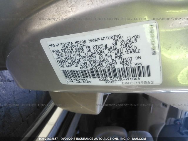 4T3ZF13C91U355425 - 2001 TOYOTA SIENNA LE/XLE TAN photo 9