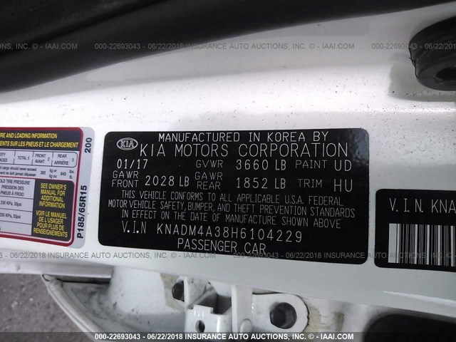 KNADM4A38H6104229 - 2017 KIA RIO LX WHITE photo 9