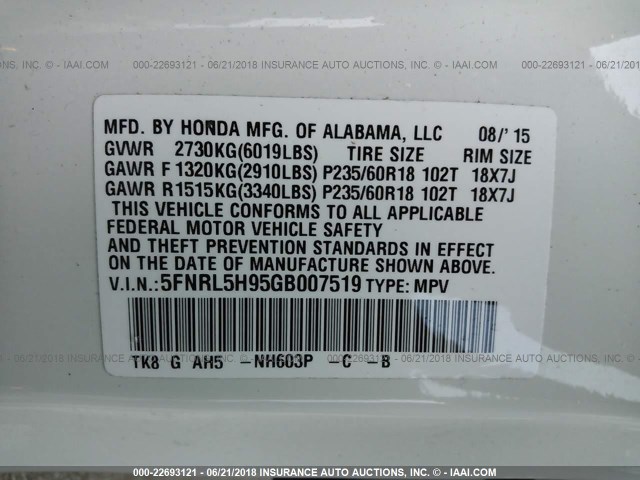 5FNRL5H95GB007519 - 2016 HONDA ODYSSEY TOURING/TOURING ELITE WHITE photo 9