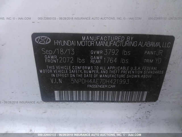 5NPDH4AE7DH421993 - 2013 HYUNDAI ELANTRA GLS/LIMITED WHITE photo 9