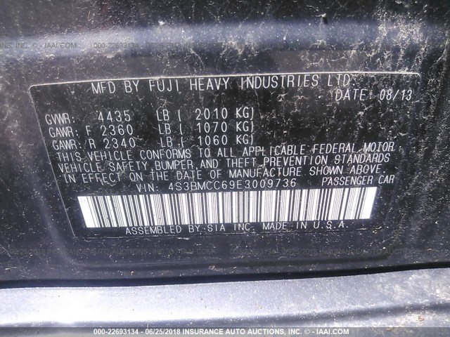 4S3BMCC69E3009736 - 2014 SUBARU LEGACY 2.5I PREMIUM GRAY photo 9