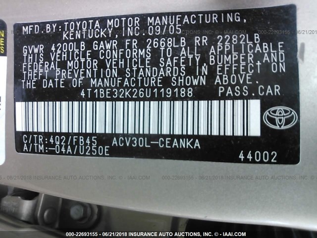 4T1BE32K26U119188 - 2006 TOYOTA CAMRY LE/XLE/SE 金色 照片 9