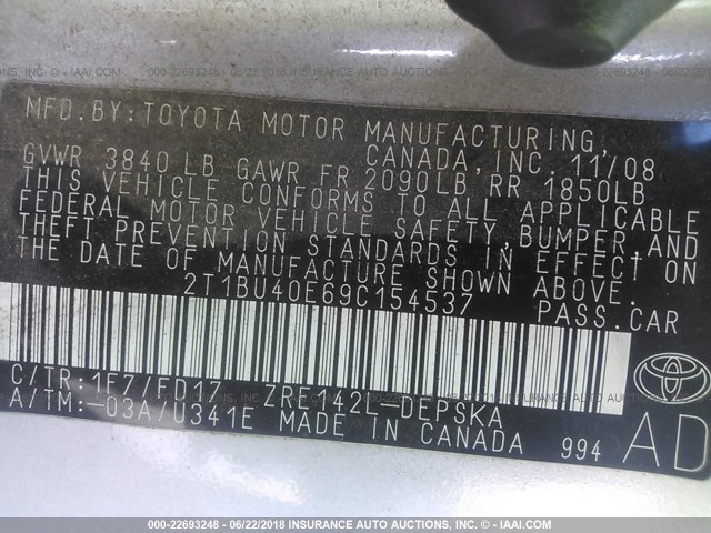 2T1BU40E69C154537 - 2009 TOYOTA COROLLA S/LE/XLE GRAY photo 9