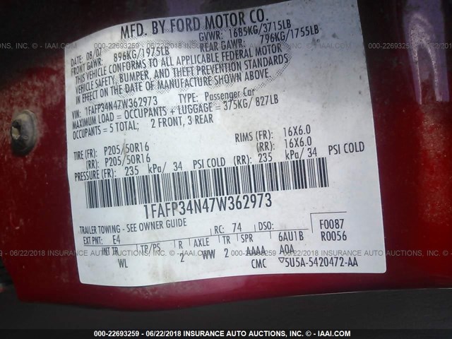 1FAFP34N47W362973 - 2007 FORD FOCUS ZX4/S/SE/SES RED photo 9