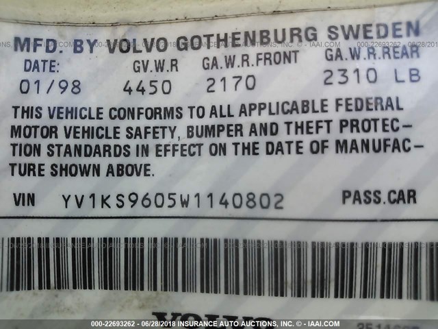 YV1KS9605W1140802 - 1998 VOLVO S90 白色 照片 9