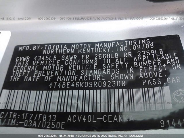 4T4BE46K09R092308 - 2009 TOYOTA CAMRY SE/LE/XLE ვერცხლისფერი ფოტო 9