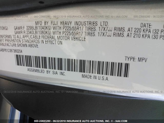 4S4BP61C067360204 - 2006 SUBARU LEGACY OUTBACK 2.5I SILVER photo 9