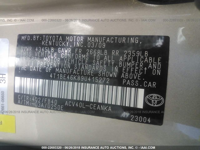 4T1BE46K89U415272 - 2009 TOYOTA CAMRY SE/LE/XLE 米色 照片 9