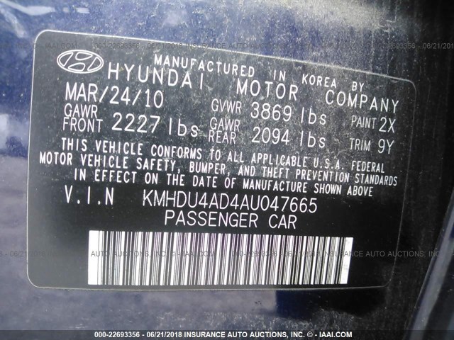 KMHDU4AD4AU047665 - 2010 HYUNDAI ELANTRA BLUE/GLS/SE Dark Blue photo 9