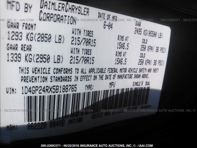 1D4GP24RX5B188765 - 2005 DODGE GRAND CARAVAN SE BLUE photo 9