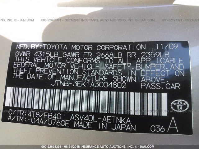 JTNBF3EK1A3004802 - 2010 TOYOTA CAMRY SE/LE/XLE 金色 照片 9