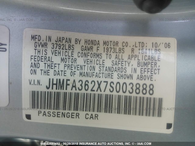 JHMFA362X7S003888 - 2007 HONDA CIVIC HYBRID BLUE photo 9