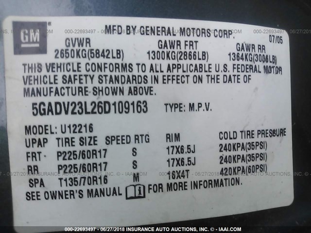 5GADV23L26D109163 - 2006 BUICK TERRAZA CX BLUE photo 9