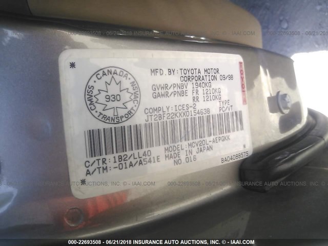 JT2BF22KXX0154638 - 1999 TOYOTA CAMRY LE/XLE GREEN photo 9