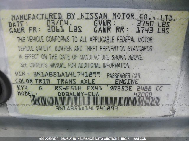 3N1AB51A14L741899 - 2004 NISSAN SENTRA 2.5S SILVER photo 9