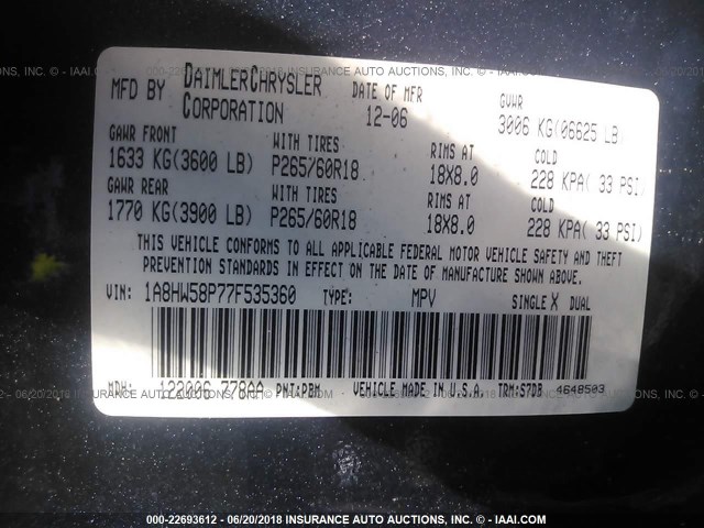 1A8HW58P77F535360 - 2007 CHRYSLER ASPEN LIMITED BLUE photo 9