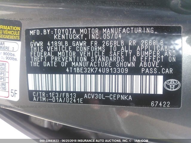 4T1BE32K74U913309 - 2004 TOYOTA CAMRY LE/XLE/SE 灰色 照片 9