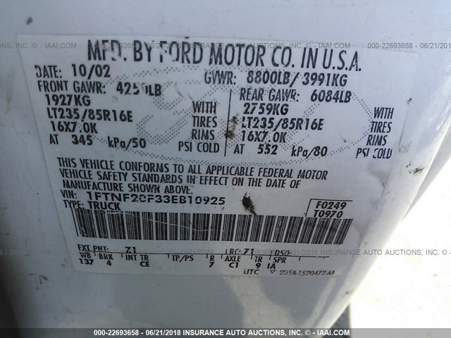 1FTNF20F33EB10925 - 2003 FORD F250 SUPER DUTY WHITE photo 9