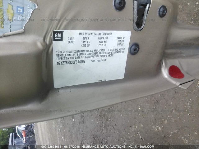 1G1ZT52835F314592 - 2005 CHEVROLET MALIBU LS Qızıl foto 9