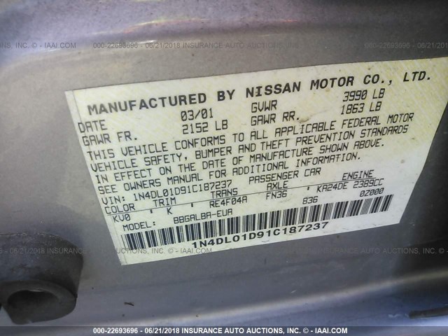 1N4DL01D91C187237 - 2001 NISSAN ALTIMA XE/GXE/SE SILVER photo 9