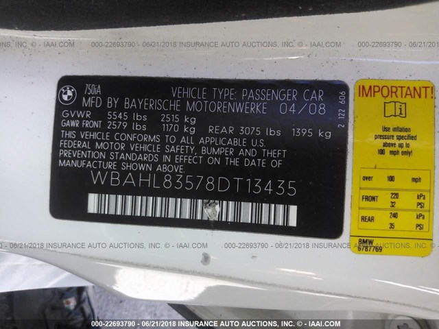 WBAHL83578DT13435 - 2008 BMW 750 I WHITE photo 9