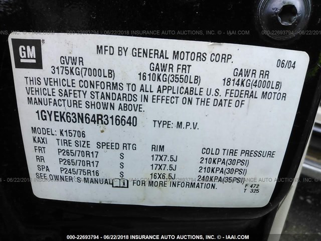 1GYEK63N64R316640 - 2004 CADILLAC ESCALADE LUXURY BLACK photo 9