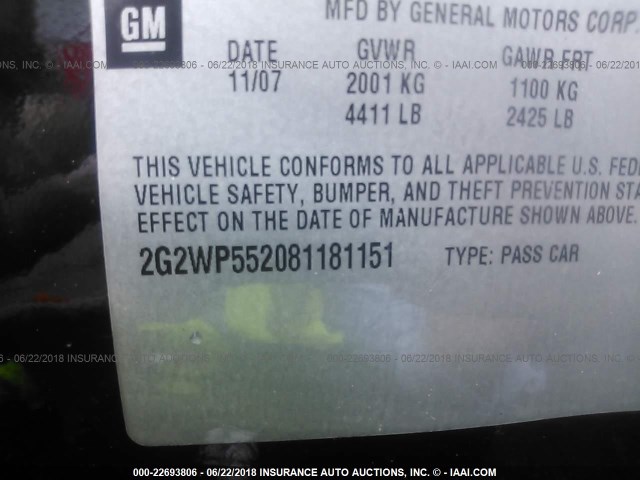 2G2WP552081181151 - 2008 PONTIAC GRAND PRIX BLACK photo 9