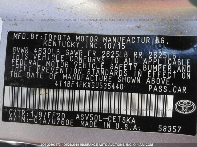 4T1BF1FKXGU535440 - 2016 TOYOTA CAMRY LE/XLE/SE/XSE 银色 照片 9