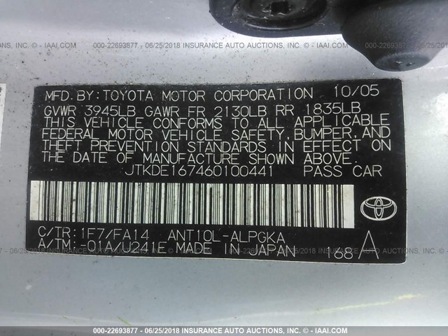 JTKDE167460100441 - 2006 TOYOTA SCION TC 银色 照片 9