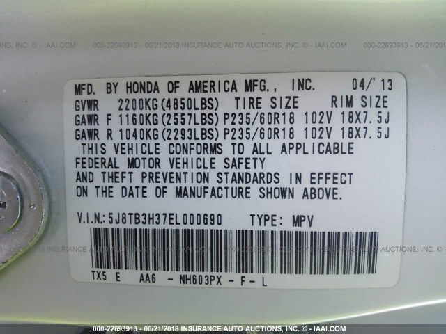 5J8TB3H37EL000690 - 2014 ACURA RDX WHITE photo 9