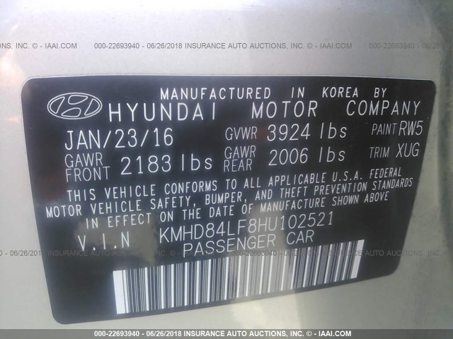 KMHD84LF8HU102521 - 2017 HYUNDAI ELANTRA SE/VALUE/LIMITED GOLD photo 9