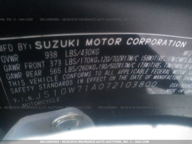 JS1GW71A072103800 - 2007 SUZUKI GSX1300 RZ WHITE photo 10