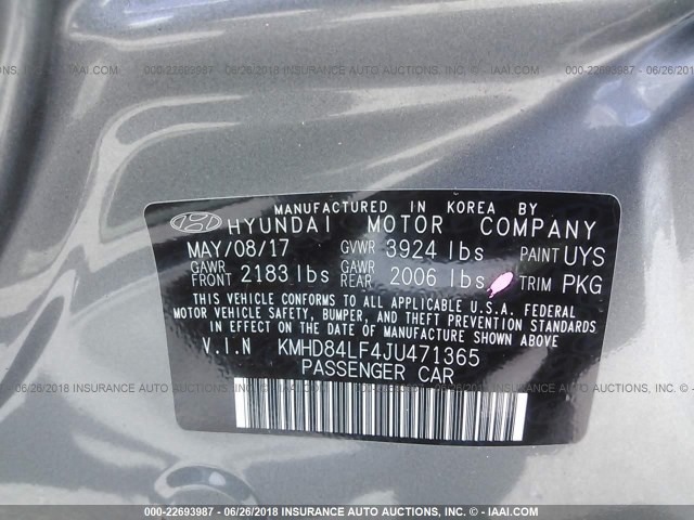 KMHD84LF4JU471365 - 2018 HYUNDAI ELANTRA SEL/VALUE/LIMITED GRAY photo 9