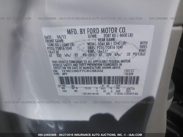 1FMCU9D77CKC56332 - 2012 FORD ESCAPE XLT WHITE photo 9