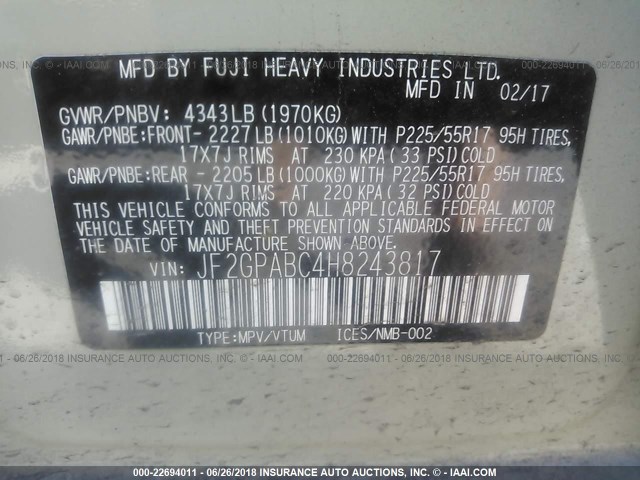 JF2GPABC4H8243817 - 2017 SUBARU CROSSTREK PREMIUM Қоңыр фото 9