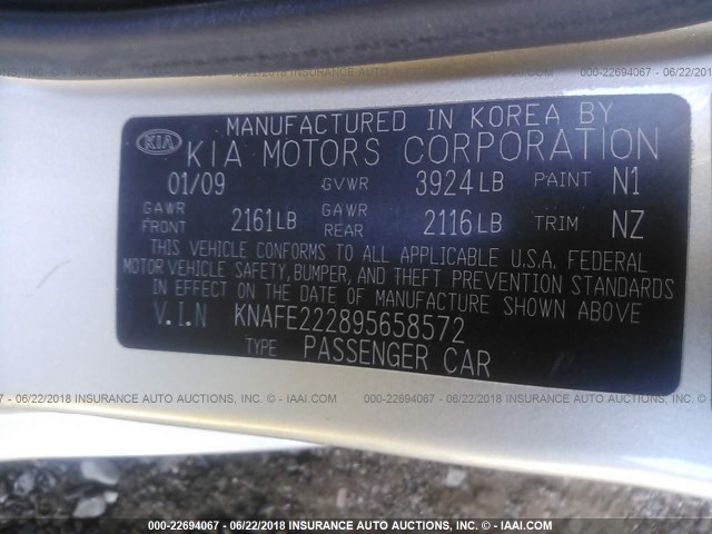 KNAFE222895658572 - 2009 KIA SPECTRA EX/LX/SX GOLD photo 9