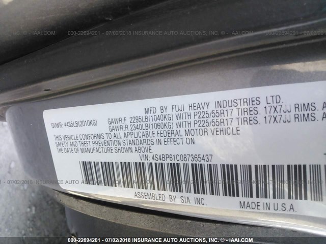 4S4BP61C087365437 - 2008 SUBARU OUTBACK 2.5I GRAY photo 9