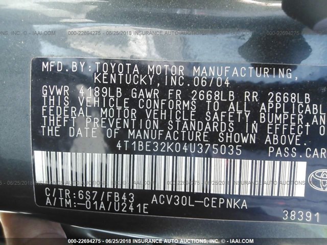 4T1BE32K04U375035 - 2004 TOYOTA CAMRY LE/XLE/SE TEAL photo 9