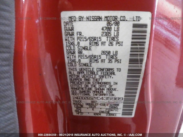 1N6DD26S2YC435989 - 2000 NISSAN FRONTIER KING CAB XE RED photo 9