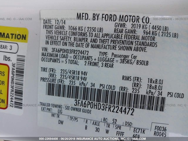 3FA6P0HD3FR224472 - 2015 FORD FUSION SE WHITE photo 9