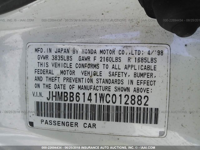 JHMBB6141WC012882 - 1998 HONDA PRELUDE WHITE photo 9