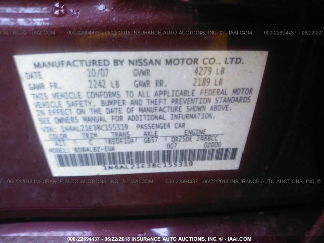 1N4AL21E38C155319 - 2008 NISSAN ALTIMA 2.5/2.5S RED photo 9