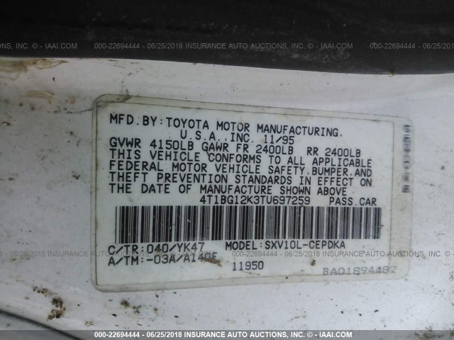 4T1BG12K3TU697259 - 1996 TOYOTA CAMRY DX/LE/XLE WHITE photo 9