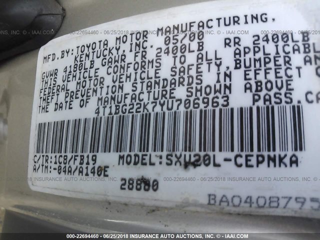 4T1BG22K7YU706963 - 2000 TOYOTA CAMRY CE/LE/XLE 银色 照片 9