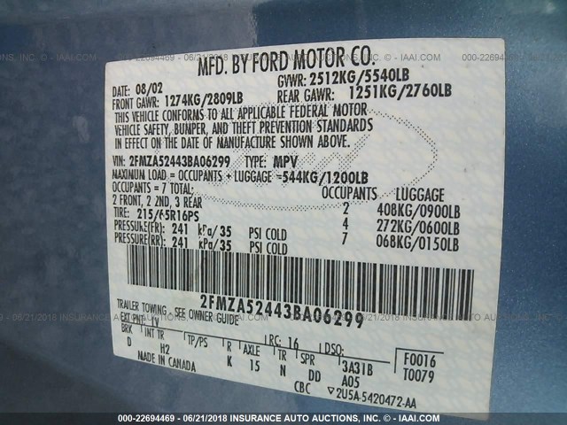 2FMZA52443BA06299 - 2003 FORD WINDSTAR SE BLUE photo 9