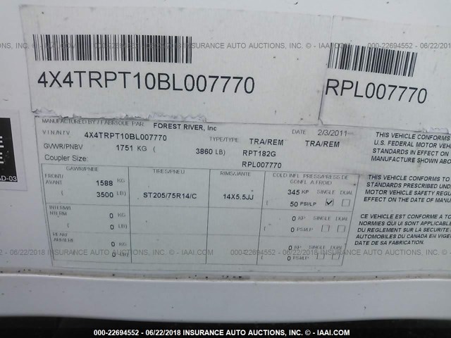 4X4TRPT10BL007770 - 2011 FOREST RIVER R POD  თეთრი ფოტო 9