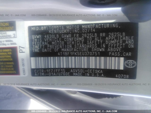 4T1BF1FK5EU370751 - 2014 TOYOTA CAMRY L/SE/LE/XLE 银色 照片 9