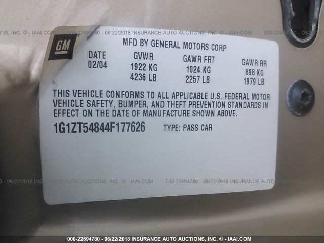 1G1ZT54844F177626 - 2004 CHEVROLET MALIBU LS GOLD photo 9