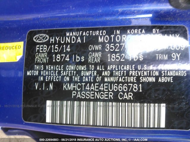 KMHCT4AE4EU666781 - 2014 HYUNDAI ACCENT GLS/GS BLUE photo 9