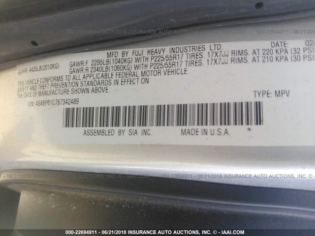 4S4BP61C767342489 - 2006 SUBARU LEGACY OUTBACK 2.5I SILVER photo 9